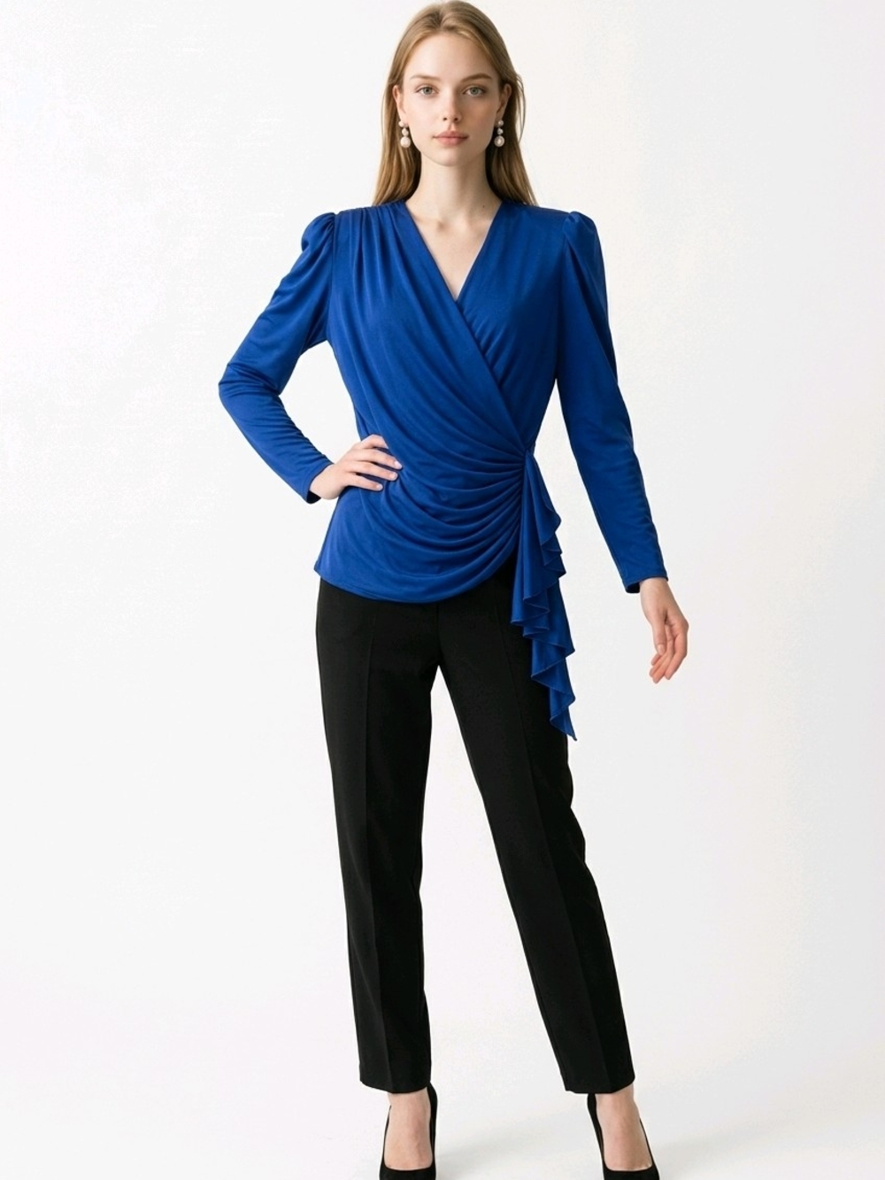 Women's Royal Blue Draped Wrap Long Sleeve Jumpsuit